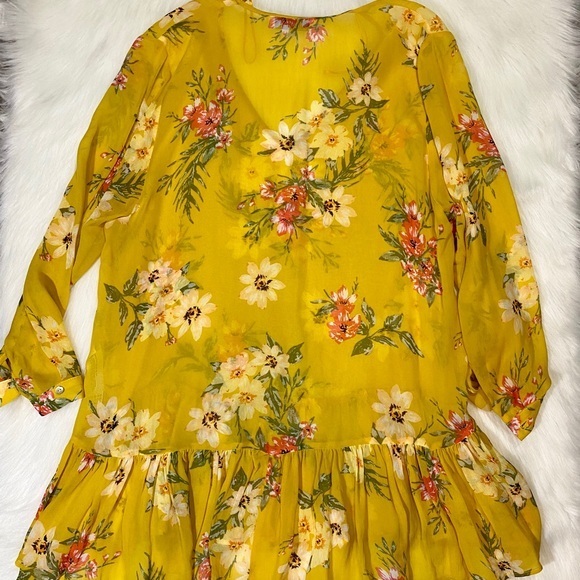 Zara Boho Blouse Oversized Floral Sheer Chiffon Yellow Top V-neck - Picture 2 of 10